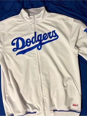 Stitches Dodgers White and Royal Blue Zip-Up Sweater